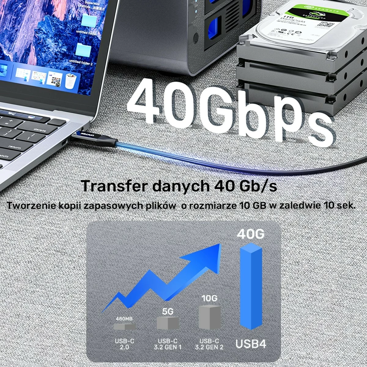 Kabëll USB-C Unitek 4.0, 100W, 40Gbps, 8K, 2m, zi