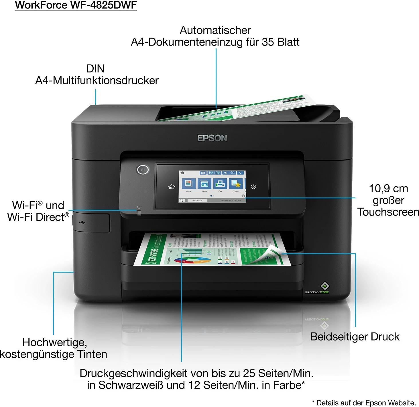 Printer multifunksional Epson WorkForce Pro WF-4825DWF, ekran me prekje, Wi-Fi, Ethernet, i zi