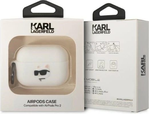 Mbështjellës Karl Lagerfeld KLAP2RUNCHH për AirPods Pro 2, silikon, Choupette Head 3D, Bardhë