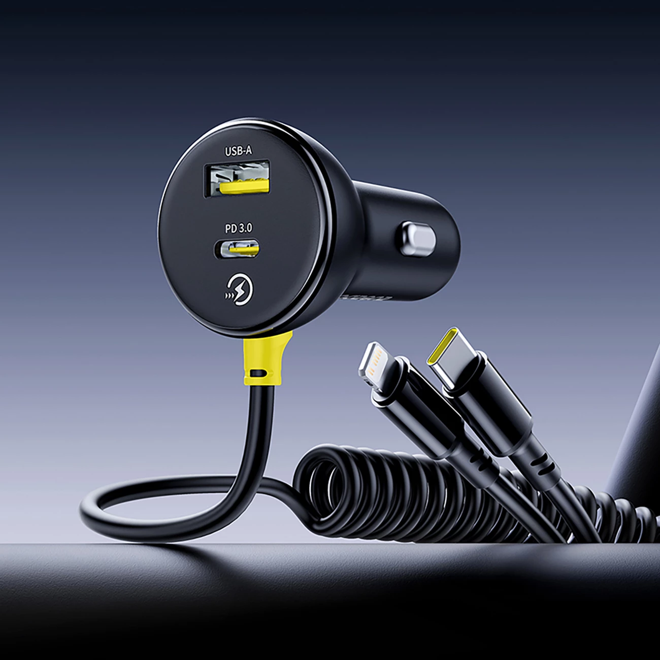 Karikues veture Baseus Circular, 60W, USB-A + USB-C, kabllo e integruar Lightning + USB-C 1.4m, e zezë