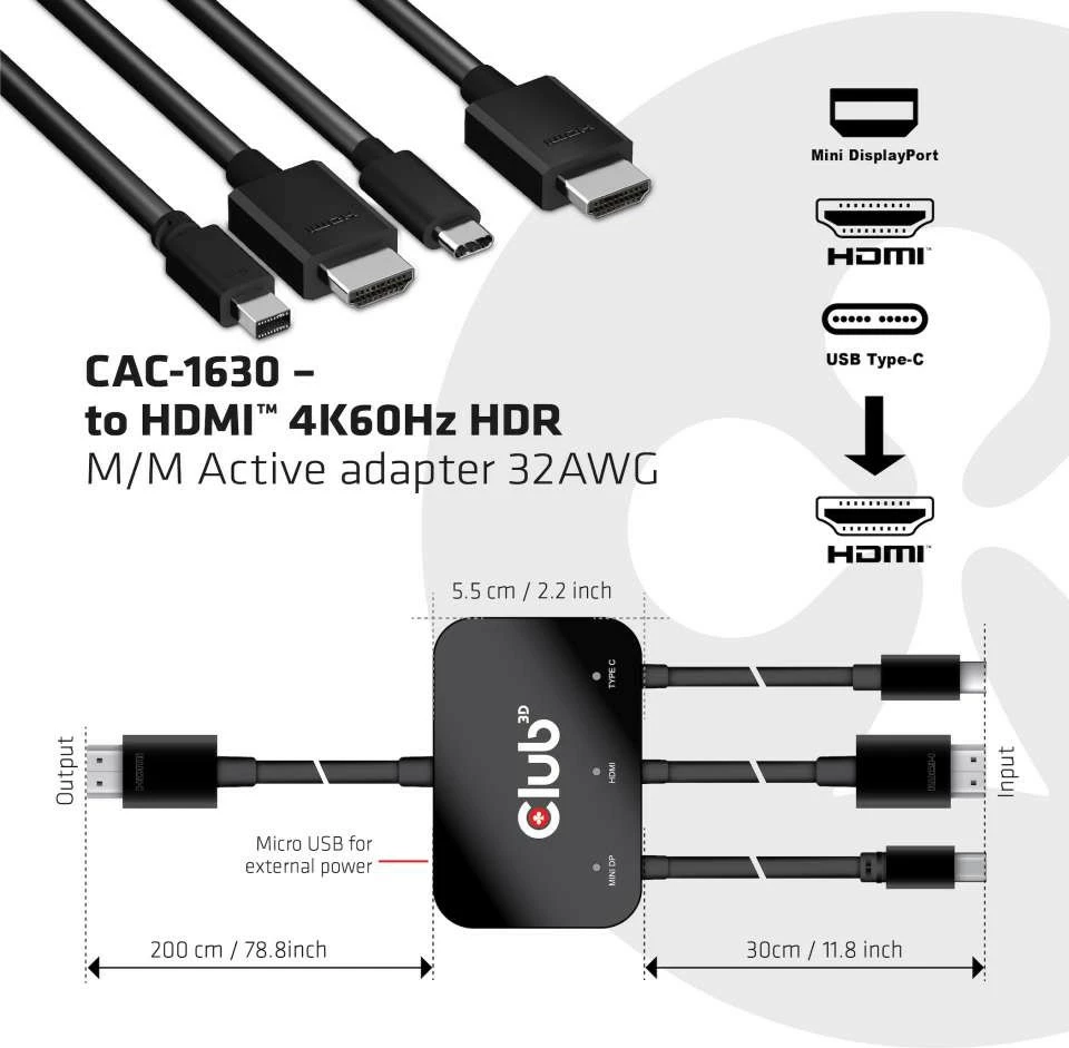 Adapter Club 3D USB-C + HDMI + Mini DisplayPort 1.2 në HDMI 4K60Hz, i zi