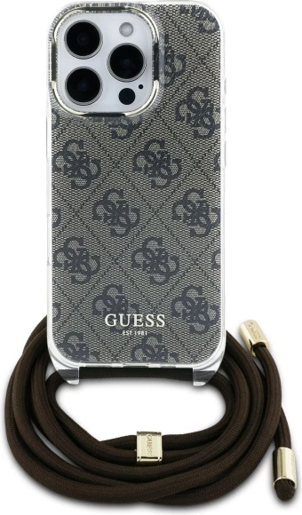 Mbështjellës Guess Crossbody Cord 4G Print për iPhone 16 Pro Max, Kafe
