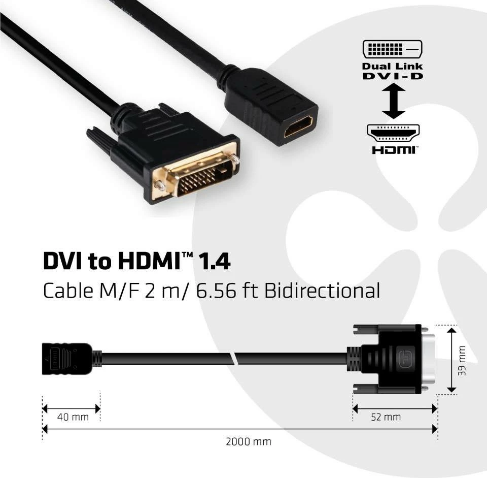 Kabllo Club3D DVI në HDMI 1.4, 2m, 4K30Hz, e zezë