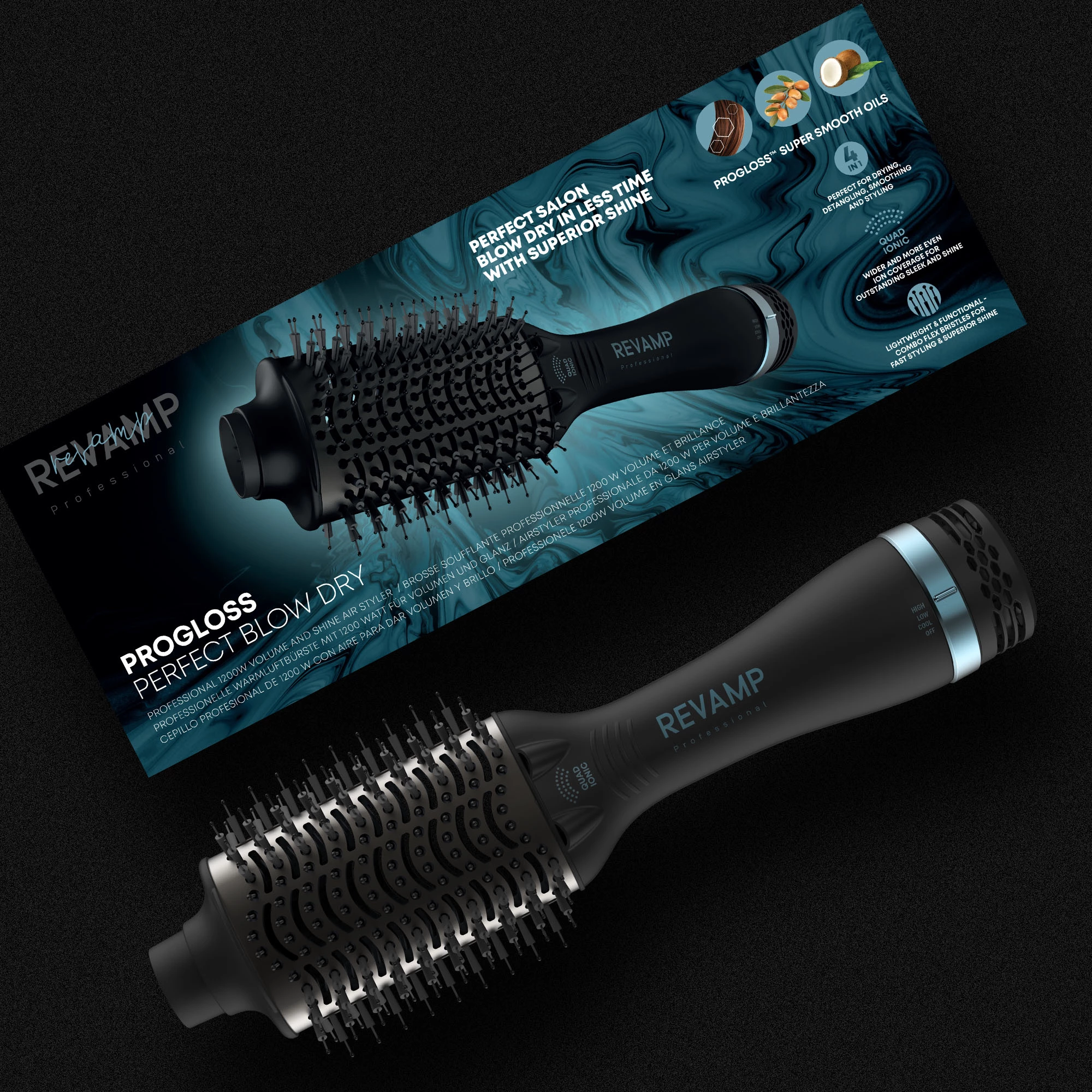 Furçë tharëse ajri Revamp Progloss Perfect Blow Dry DR-2000 1200 W, ionike, 3 nivele, e zezë