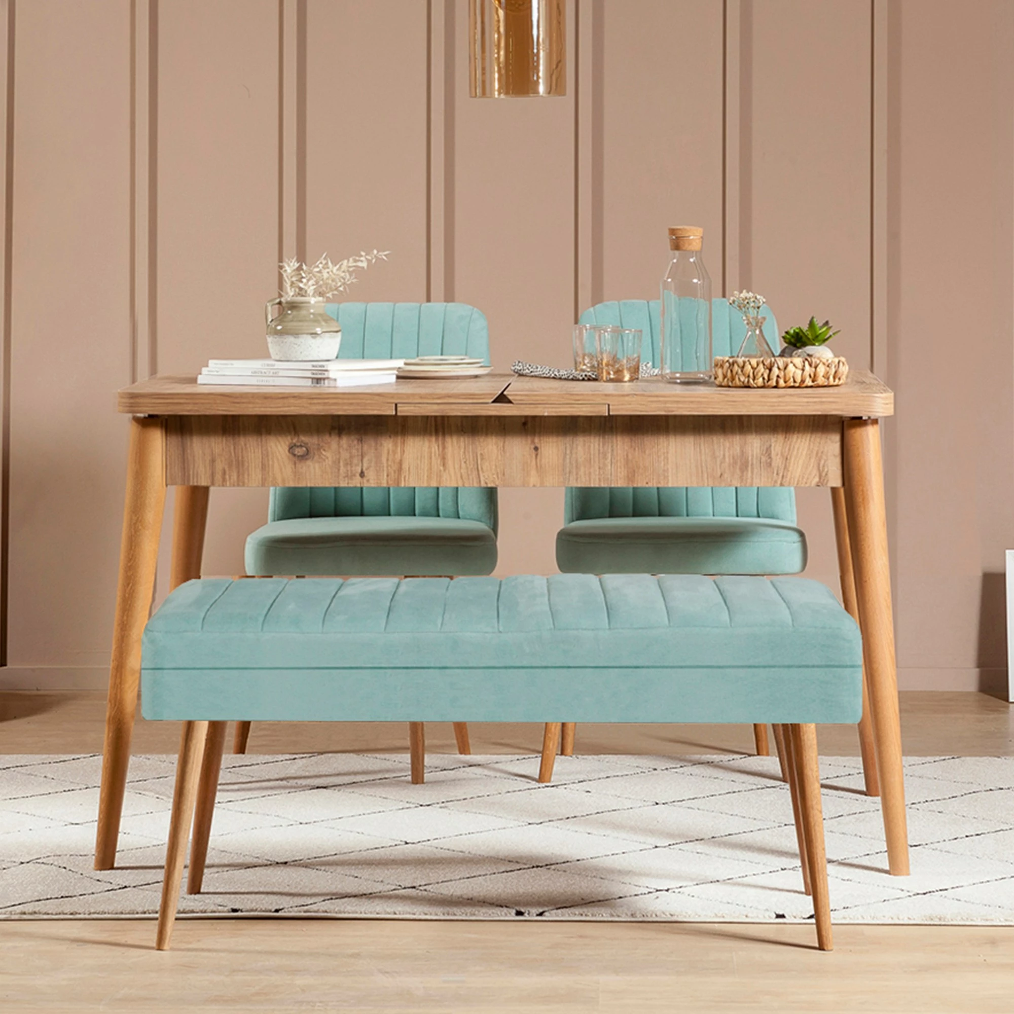 Set tavoline me karrige, zgjatese, Hanah Home Vina 0701-3, dru Atlantic, jeshile fëstëku (4 copë)