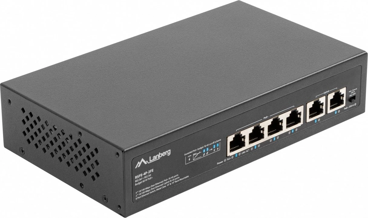 Switch Lanberg RSFE-4P-2FE-60, 6 porta Fast Ethernet, PoE+, rack, i zi