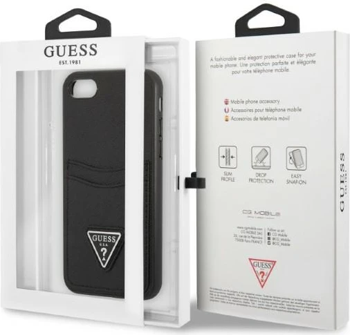 Mbështjellës Guess GUHCI8PSATPK për iPhone 7/8/SE 2020/SE 2022, hardcase, me hapësirë për kartela, i zi