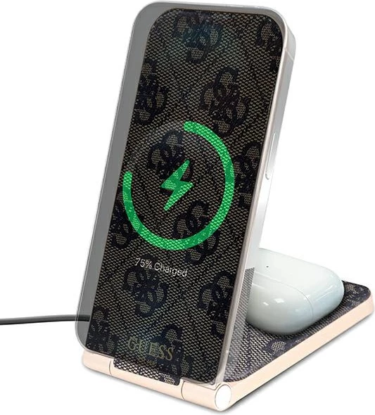 Karikues induktiv 2-në-1 Guess Pattern MagSafe, 15W, kafe, i palosshëm