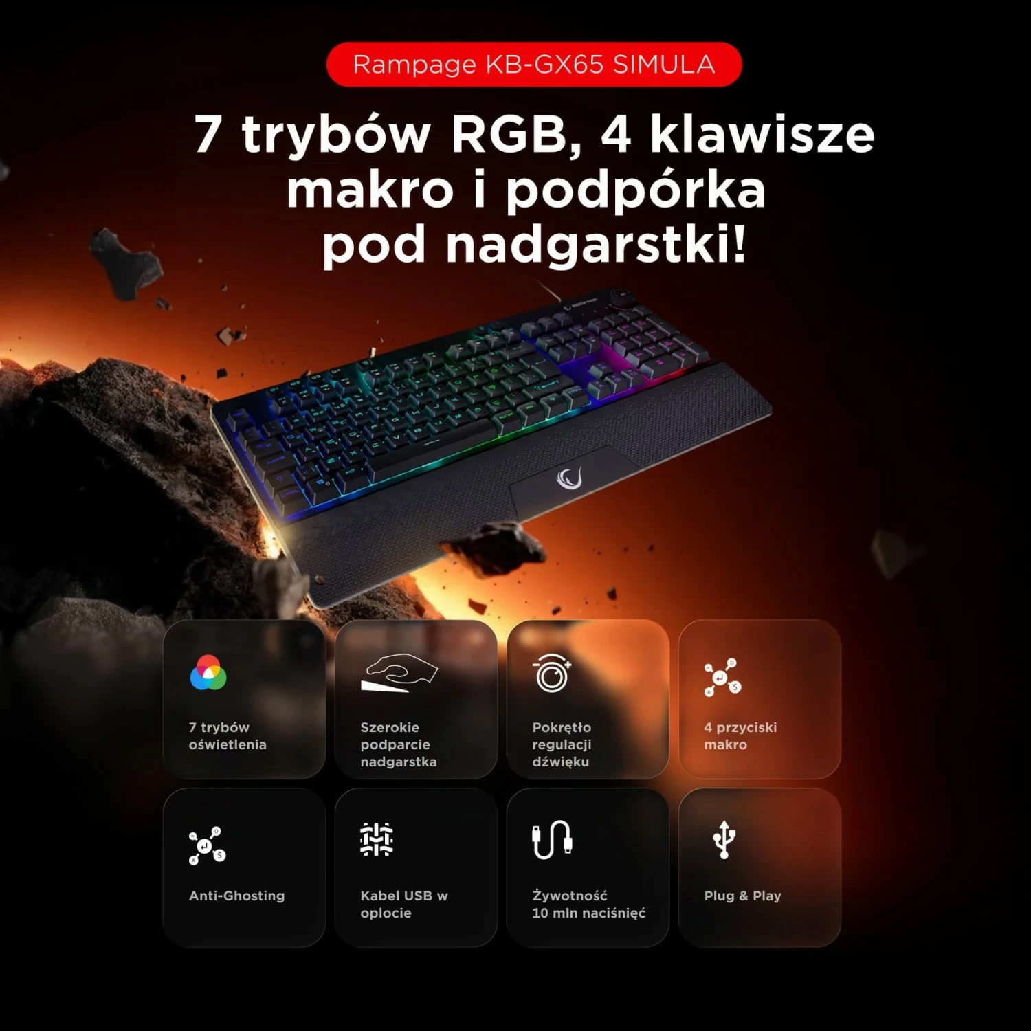 Tastierë gaming Rampage Simula RGB, full-size, me mbështetëse, e zezë