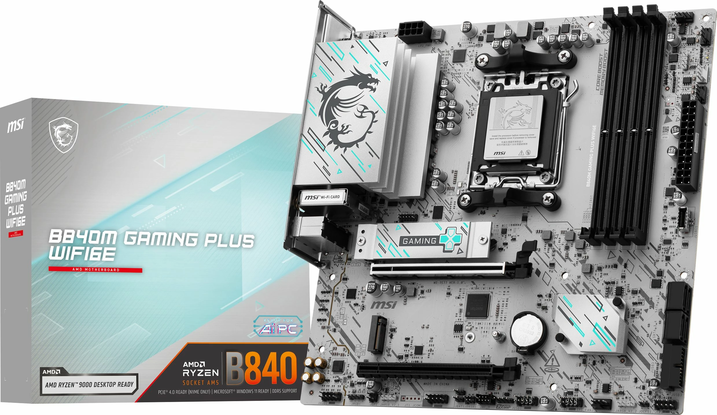 Pllakë amë MSI B840M GAMING PLUS WIFI6E AM5 Micro-ATX DDR5 Wi‑Fi 6E Bardhë/Gri