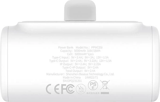 Powerbank Baseus Compact IP 5000mAh 20W, Bardhë