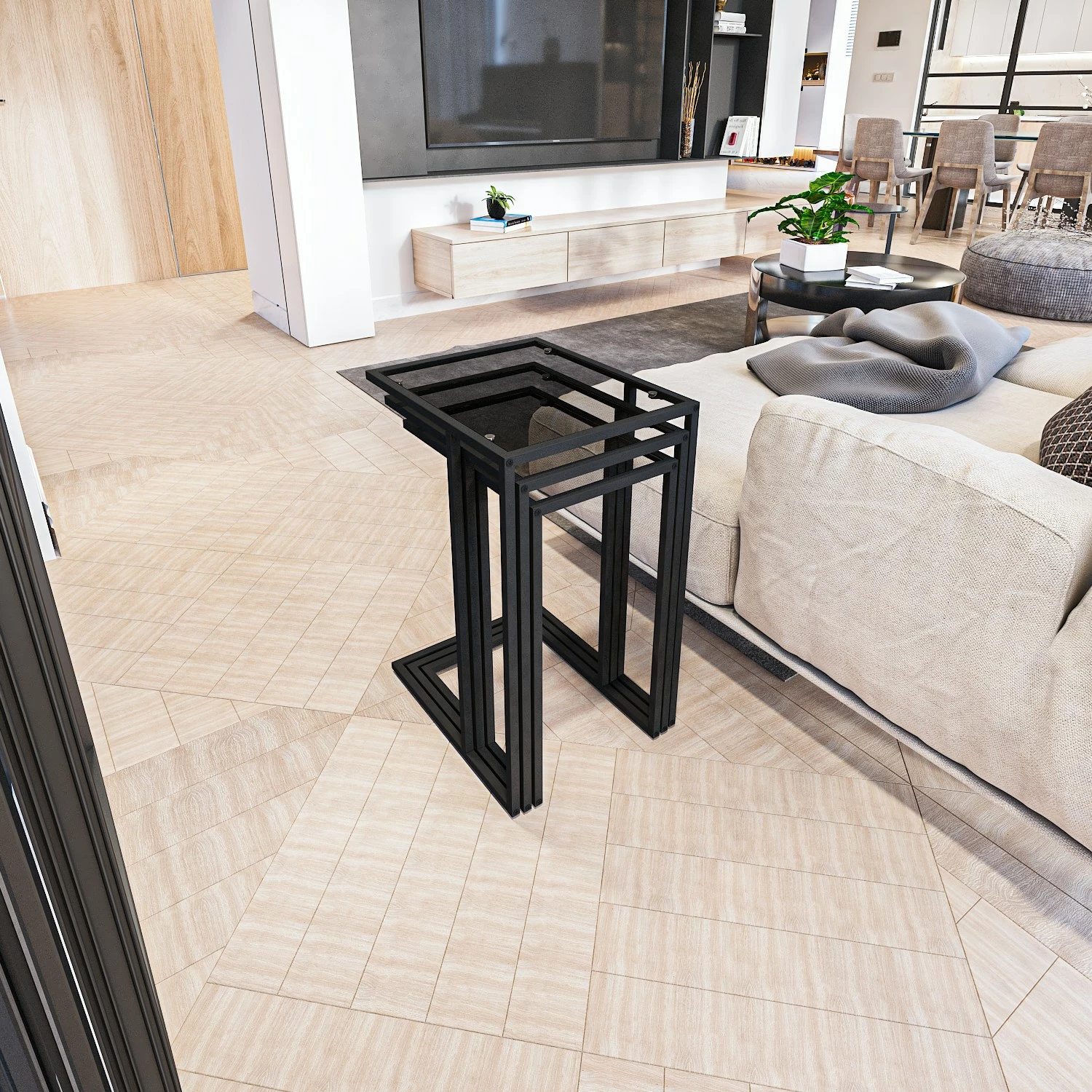 Set tavolinash të ndërlidhura (3 copë), Hanah Home, İbiza, xham i tymosur, e zezë