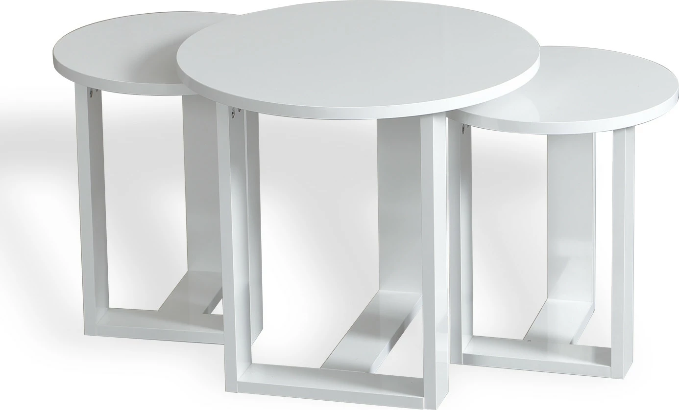 Tavolina ndihmëse të rrumbullakëta, set prej 3 copësh, ngjyrë e bardhë, Mira