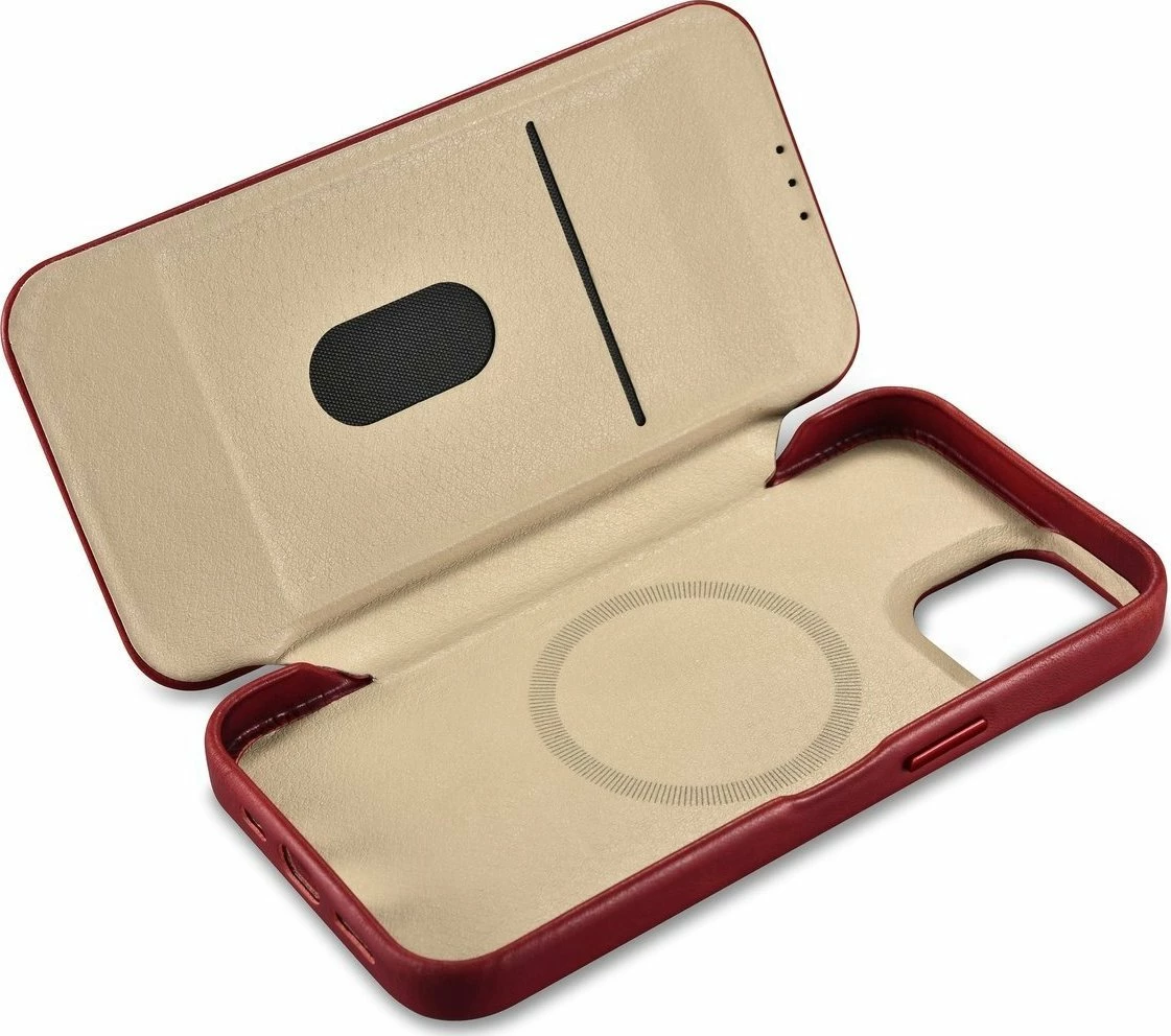 Mbështjellës iCarer CE Oil Wax Premium Leather Folio AKI14220707-RD për iPhone 14 Plus, lëkurë natyrale, me flapa magnetike, MagSafe, kuqe