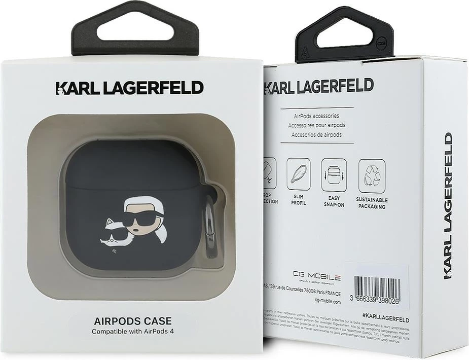 Mbështjellës Karl Lagerfeld KLA4RUNKCHK për AirPods 4, silikon, Karl&Chaupette Head 3D, zi
