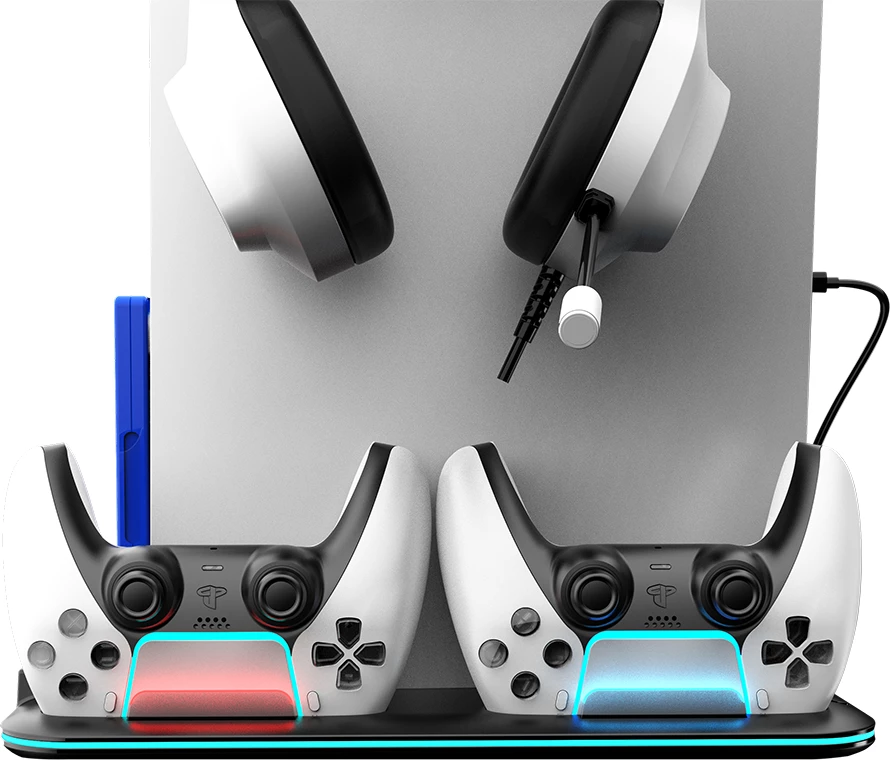Stendë ftohëse/karikuese CANYON CS-51 RGB për PS5 Slim/Disc/Digital/PS5 Pro, karikim 2 kontrollorë, 5000 RPM, USB-C, e zezë, set me kabllo USB-C dhe mbajtëse kufjesh