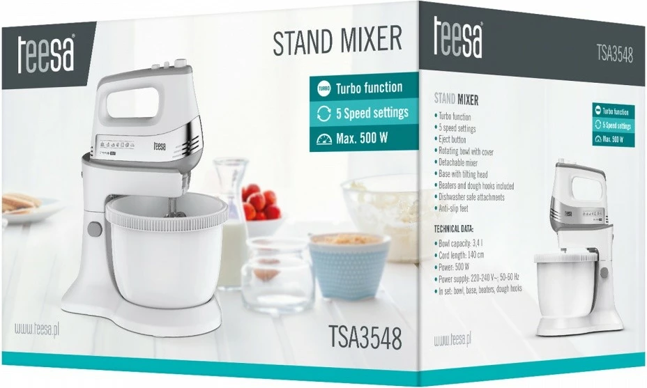Mikser dore me enë rrotulluese Teesa TSA3548, 500W, 3.4L, Bardhë