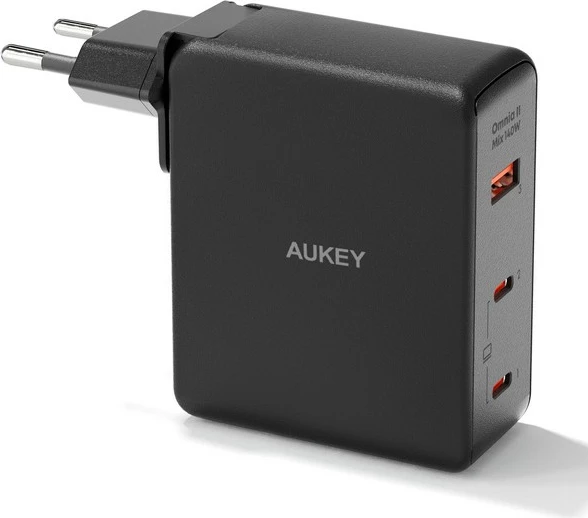 Karikues murit AUKEY PA-B7O Omnia II, 140W, 3xUSB (2xUSB-C + 1xUSB-A), i zi, me adapterë ndërkombëtarë