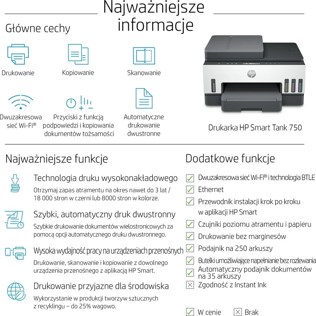 Printer inkjet HP Smart Tank 750, 4800 x 1200 DPI, i bardhë / zi