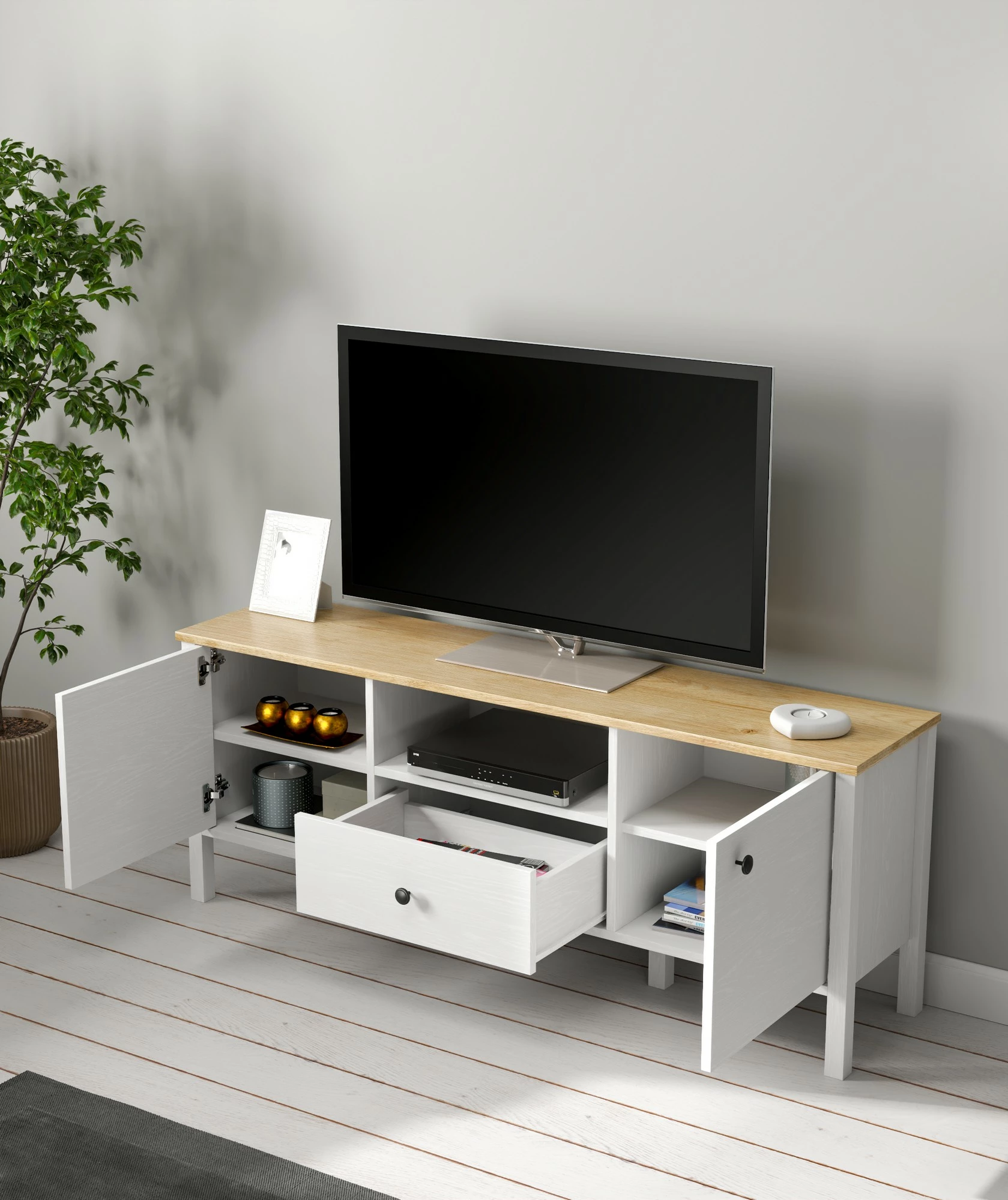 Komodë për TV, ngjyrë druri dhe e bardhë, FRN-20057