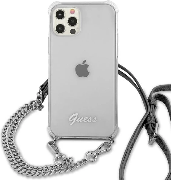 Mbështjellës Guess GUHCP12MKC4GSSI për iPhone 12/12 Pro 6.1", transparent me zinxhir argjendi
