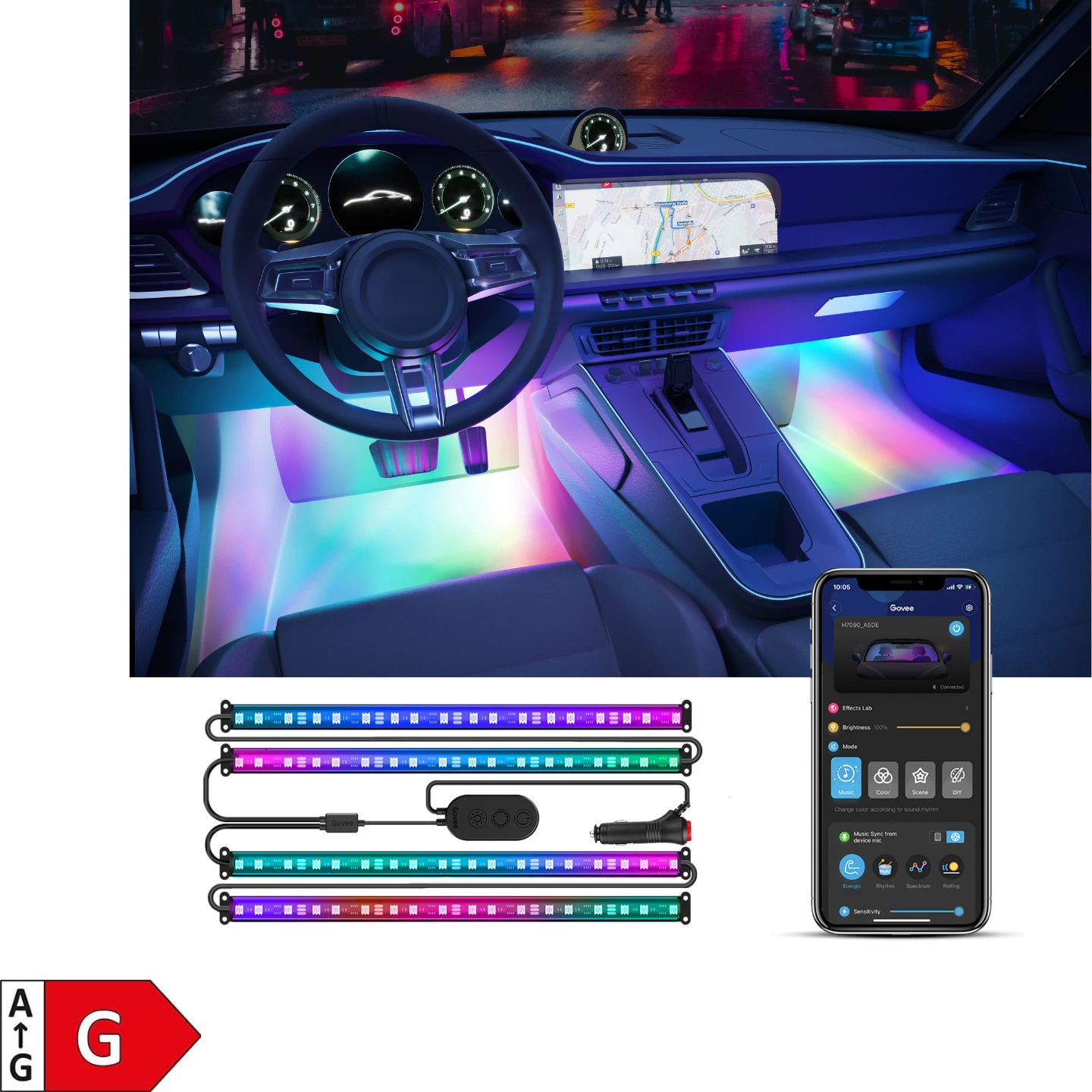 Shirit drita LED për brendi veture Govee H7090, RGBIC, Bluetooth, 12V, 4x 30 cm (set 4 copë)