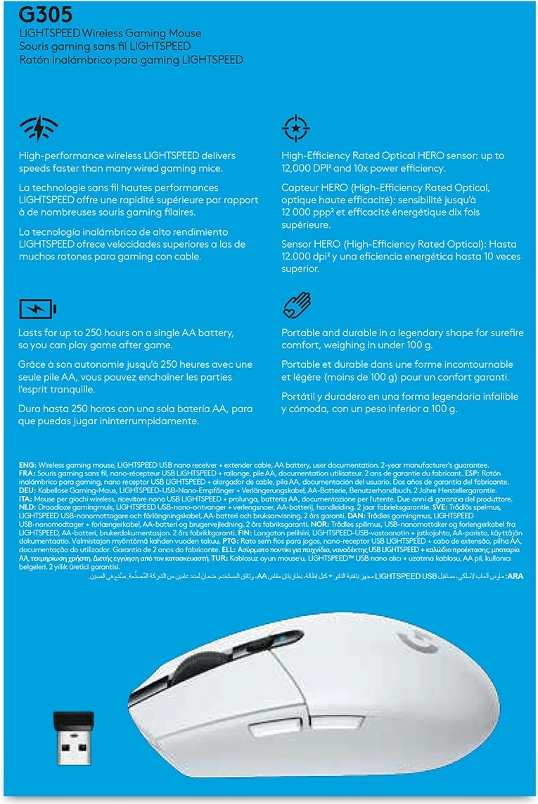 Maus Logitech G G305 LIGHTSPEED, Wireless, 12000 DPI, e bardhë