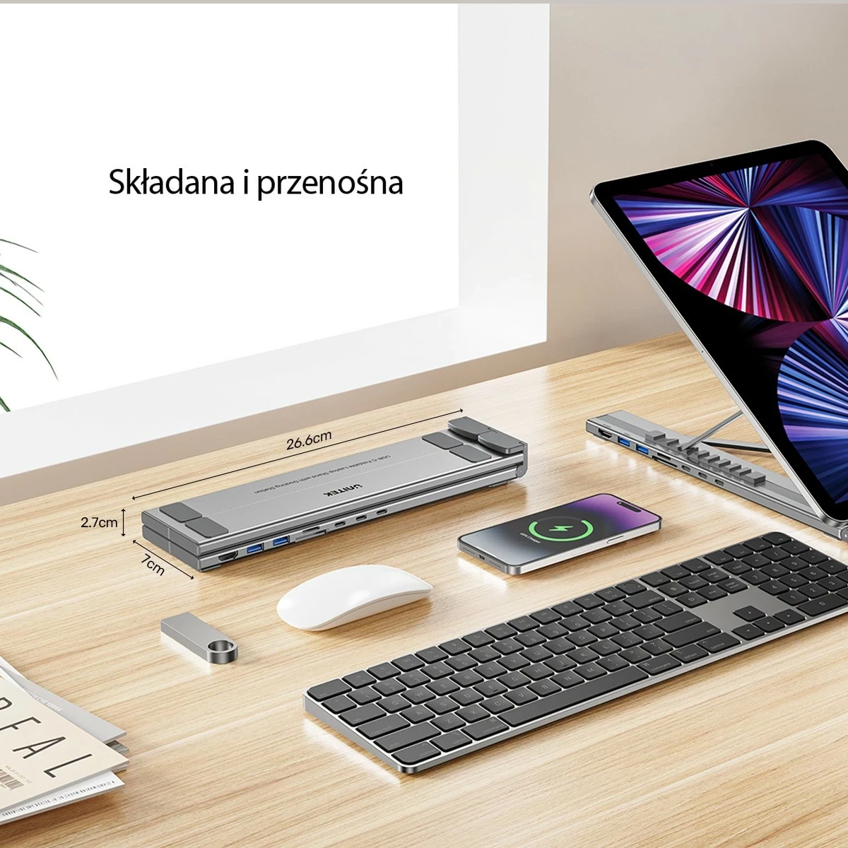 Kasë laptopi Unitek, me hub HDMI/PD/SD, e rregullueshme, ngjyrë argjendtë