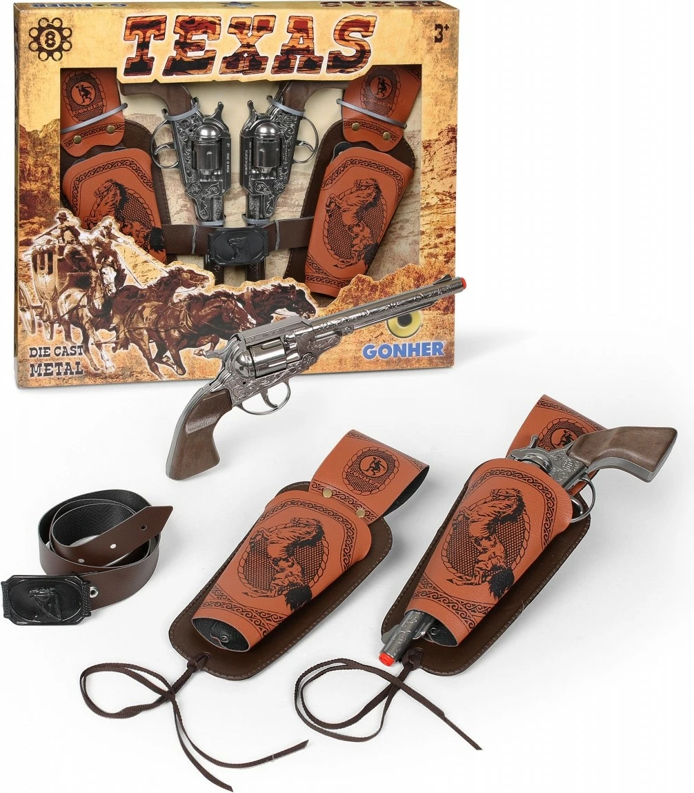 Set cowboy me 2 revolverë metalikë Pulio Gonher, me kabura dhe 8 naboi, Kafe/Argjend