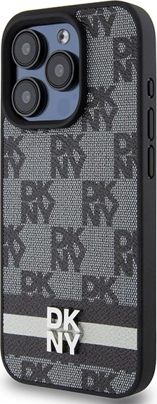 Mbështjellës DKNY Leather Checkered Mono Pattern & Printed Stripes për iPhone 15 Pro Max, e zezë