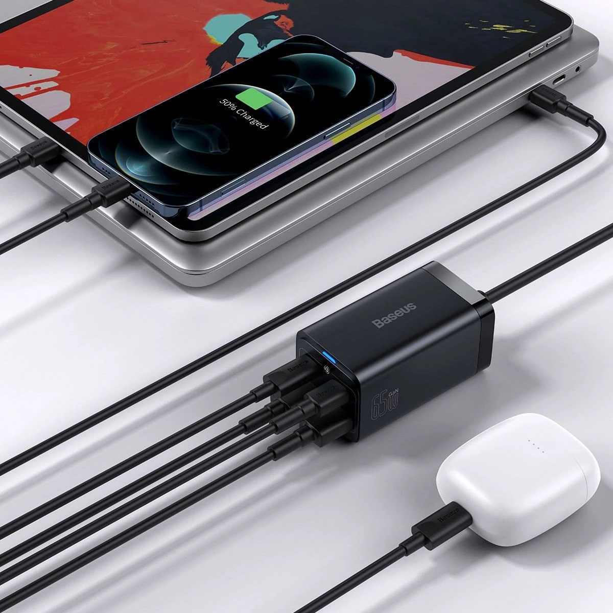 Karikues Baseus GaN3 Pro CCDK65E 65W 2x USB-C 2x USB-A me kabllo USB-C në USB-C 1m, i zi (CCGP040101)