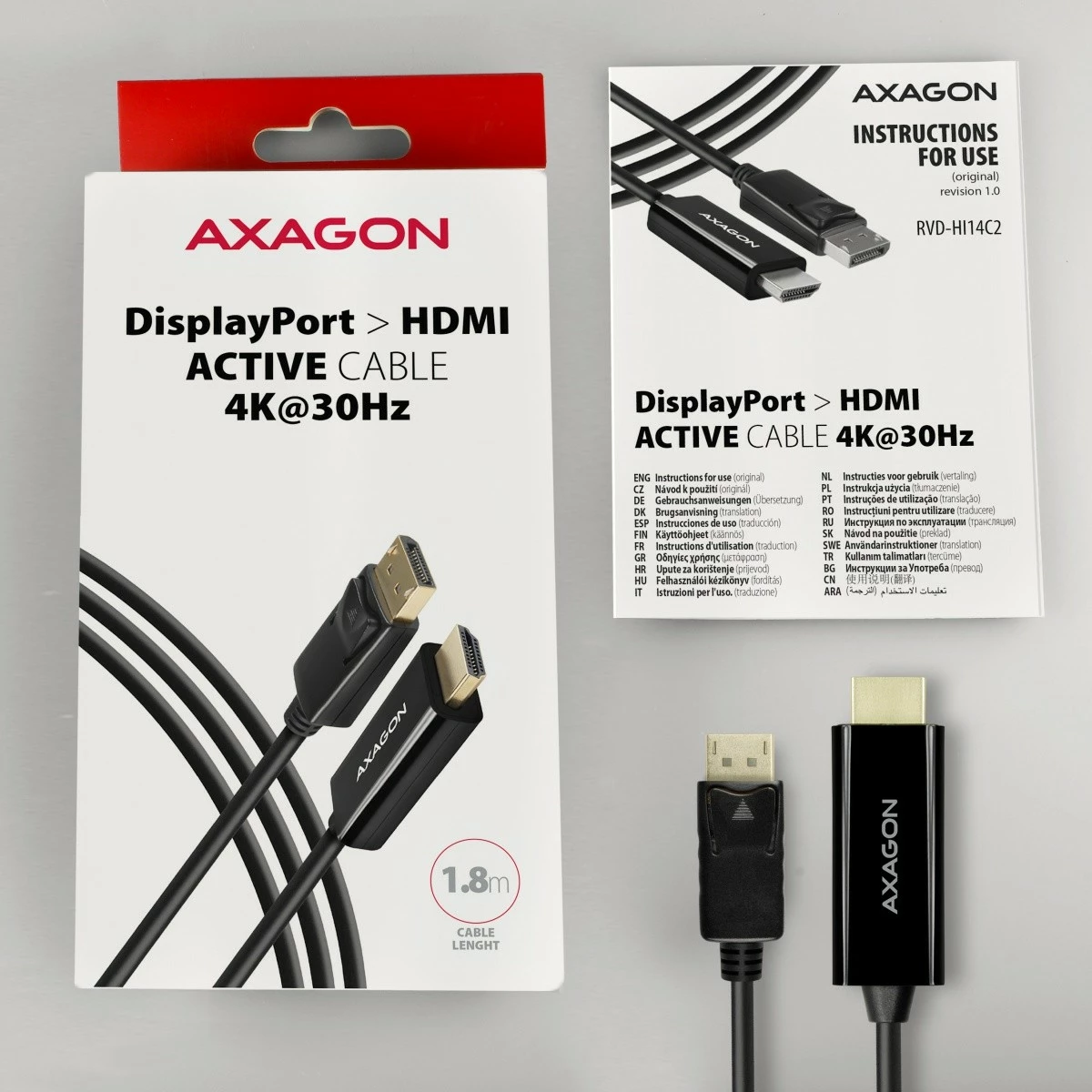 Kabllo/adaptues aktiv AXAGON RVD-HI14C2 DisplayPort në HDMI, 1.8m, e zezë