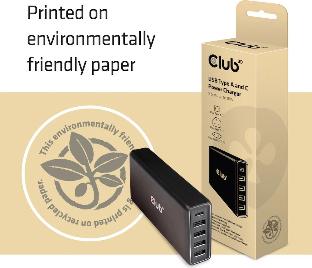 Karikues i shpejtë Club3D, 1x USB Type-C, 4x USB Type-A, 111W, i zi