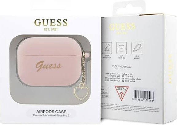 Mbështjellës Guess për AirPods Pro 2, silikon, Charm Heart, rozë