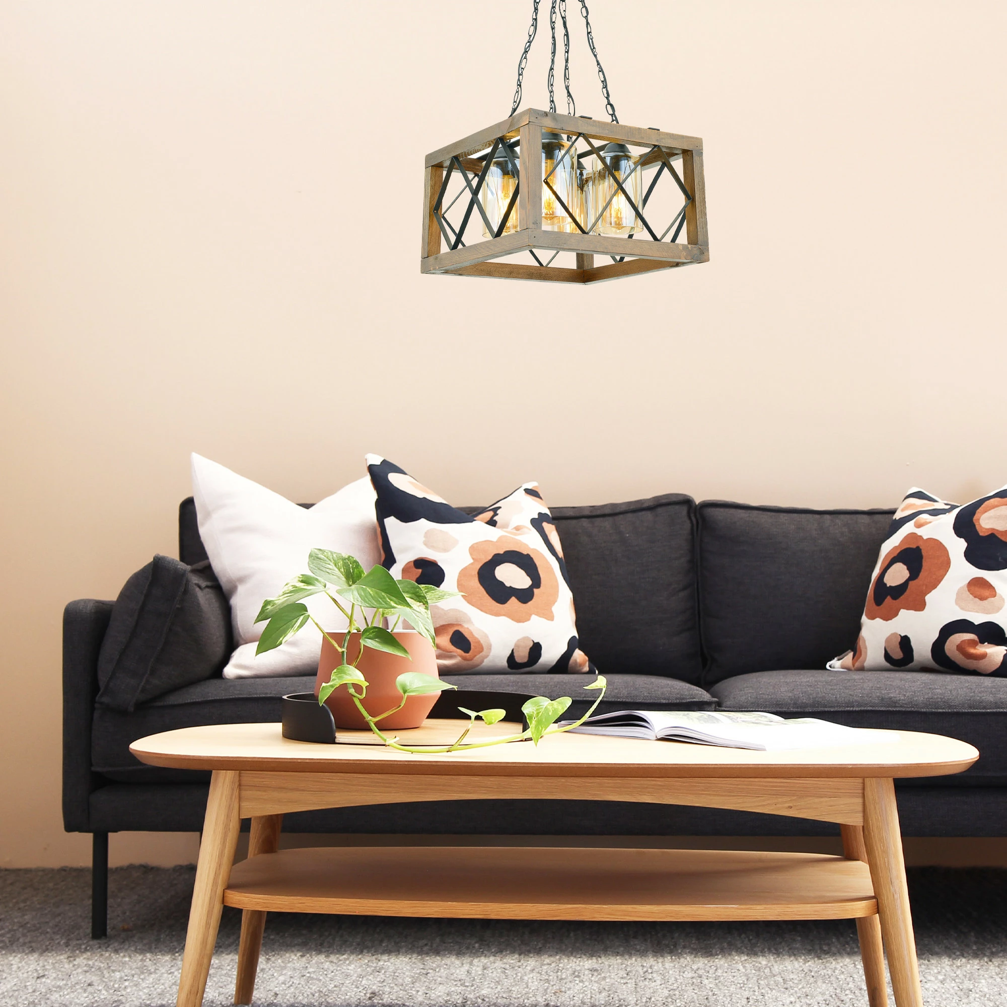 Llambë tavani Opviq, Zikzak, 4 llampa, kornizë katrore, xham, ngjyrë arre dhe e zezë