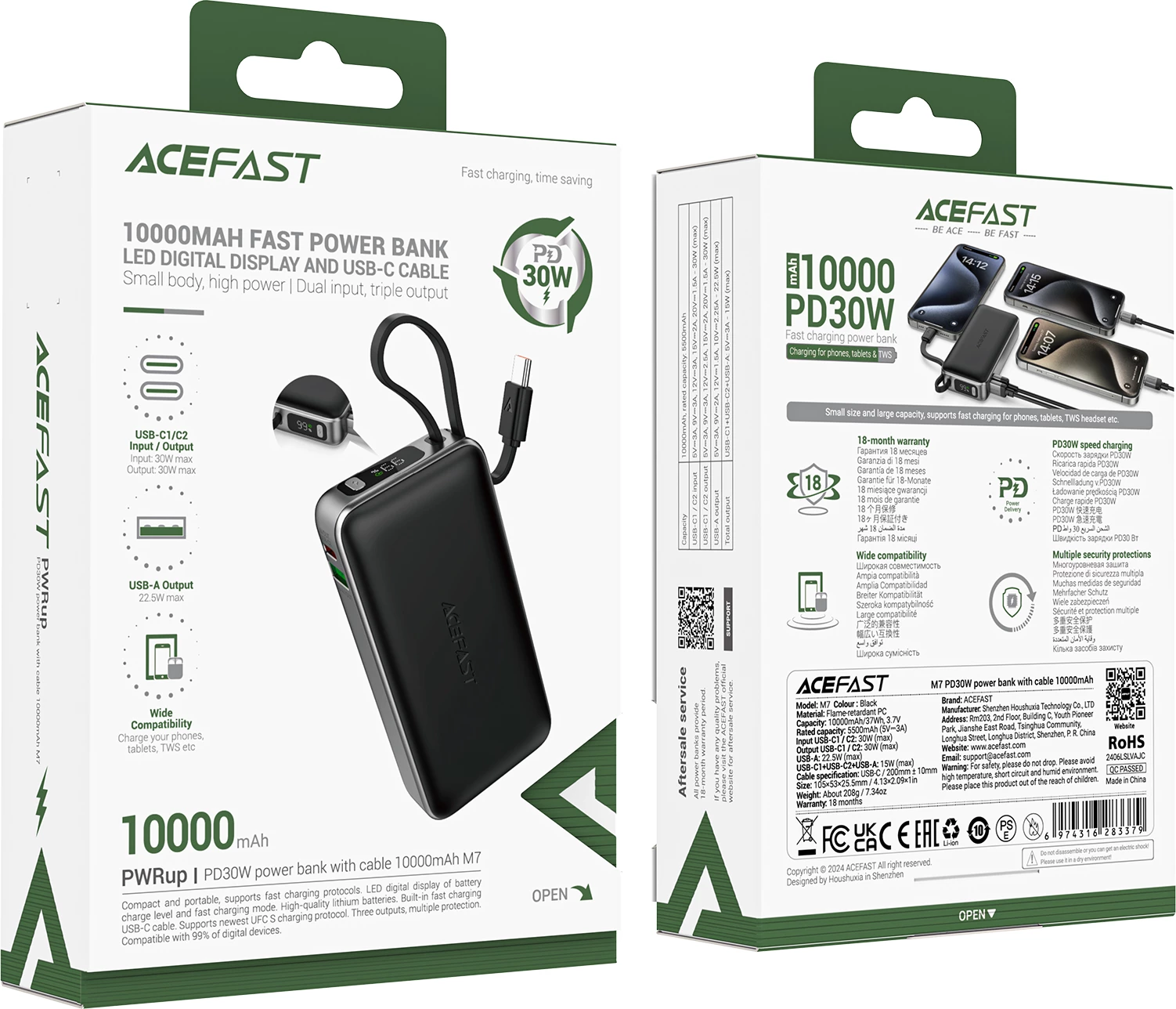 Powerbank Acefast M7-10000 PD30W me kabllo të integruar, e zezë