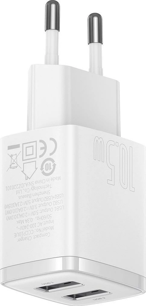 Karikues kompakt Baseus CCXJ010202 2x USB-A 2.1A 10.5W, bardhë