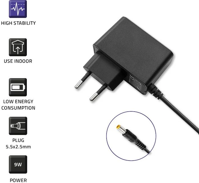 Adapter energjie Qoltec 52403, 9W, 9V, 1A, prizë 5.5x2.5 mm, i zi