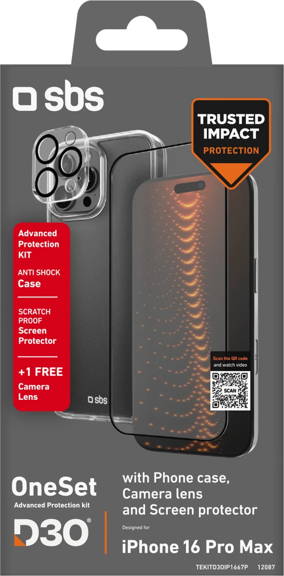 Set mbrojtës për celular SBS D3O, për iPhone 16 Pro Max, mbështjellës + xham për ekran dhe kamera, transparent