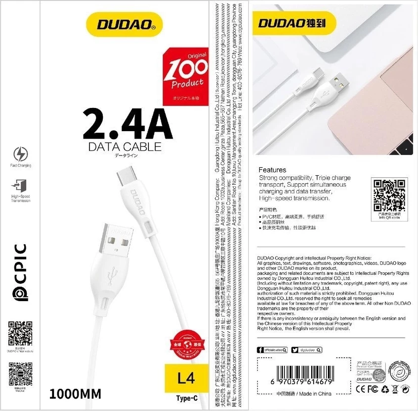 Kabllo USB në Lightning, Dudao L4L, 1 m, 2.4A, USB 2.0, e bardhë