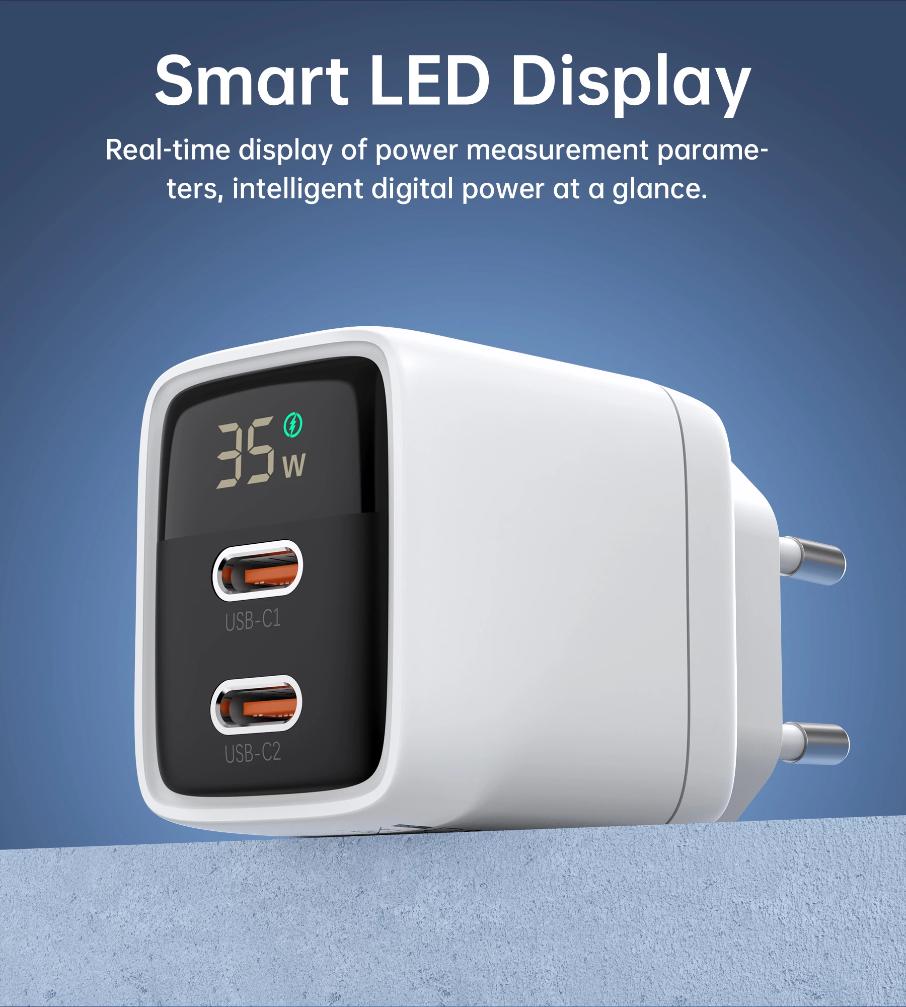 Karikues muri Choetech PD6051, 2x USB-C PD, 35W, me ekran, i bardhë