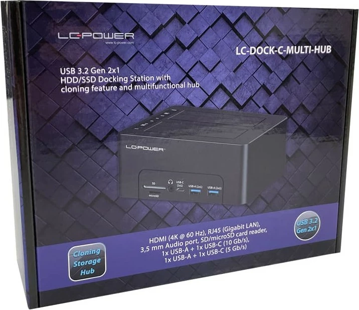 Docking station LC-Power LC-DOCK-C-MULTI-HUB, 2x SATA 2.5/3.5", USB 3.2 Gen 2, HDMI, SD/microSD, e zezë