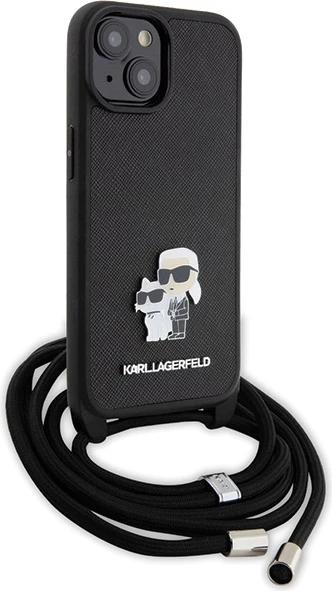 Mbështjellës Karl Lagerfeld Crossbody Saffiano Metal Pin Karl & Choupette për iPhone 15, i zi