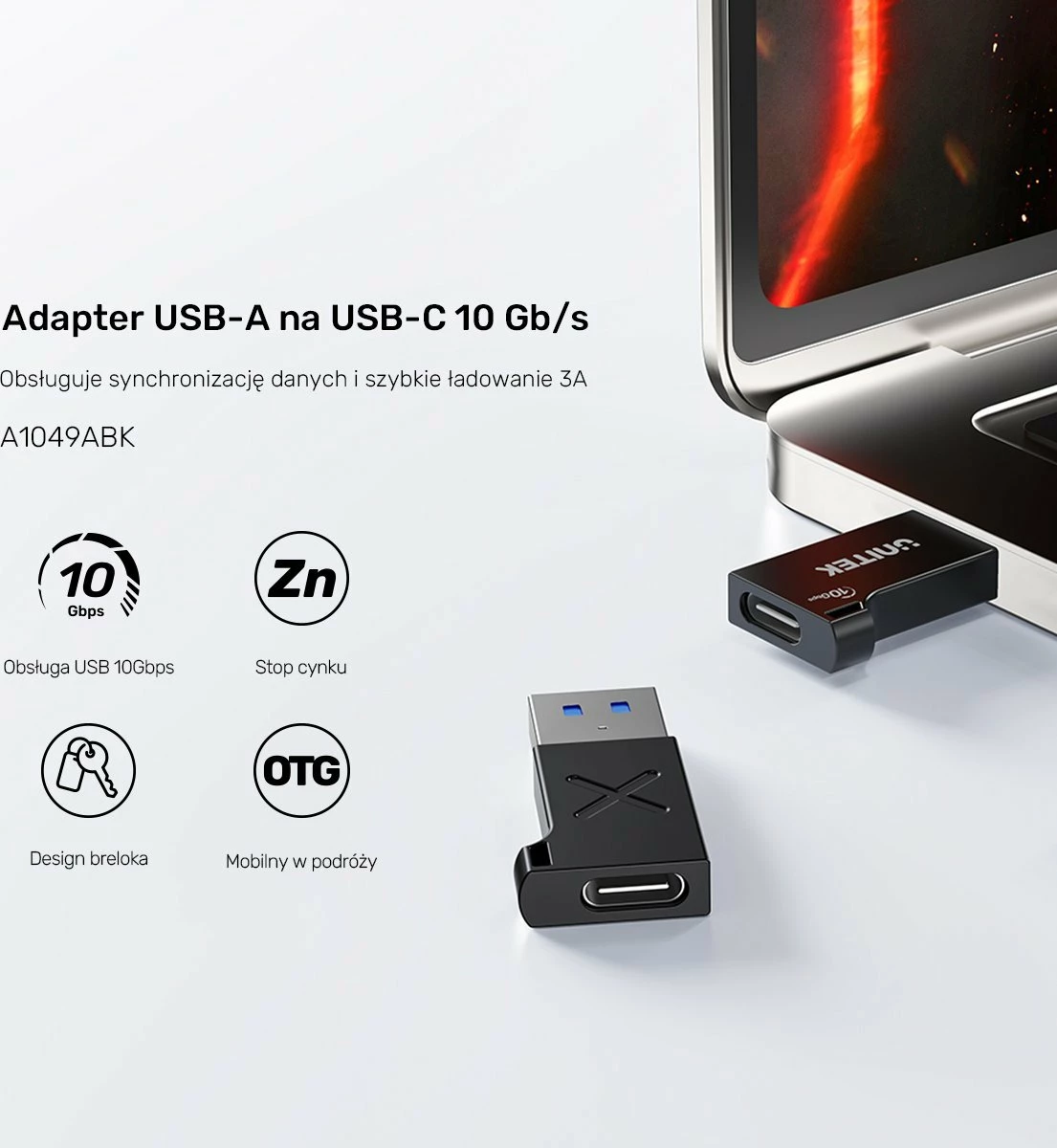 Adapter USB-A në USB-C Unitek A1049ABK01 10Gbps USB 3.2 Gen 2, i zi