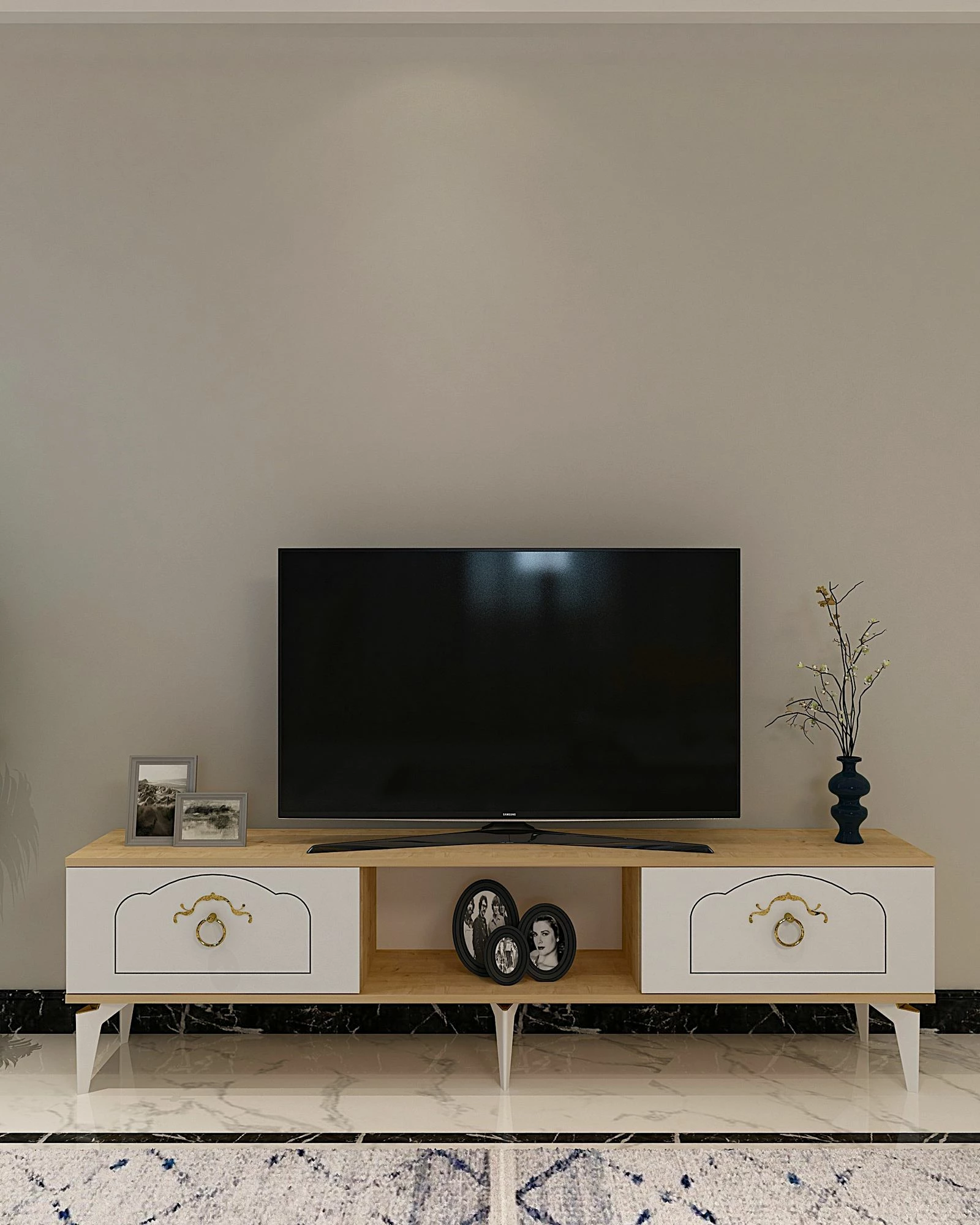 Komodinë TV Skye Decor, ngjyrë lis safir, e bardhë