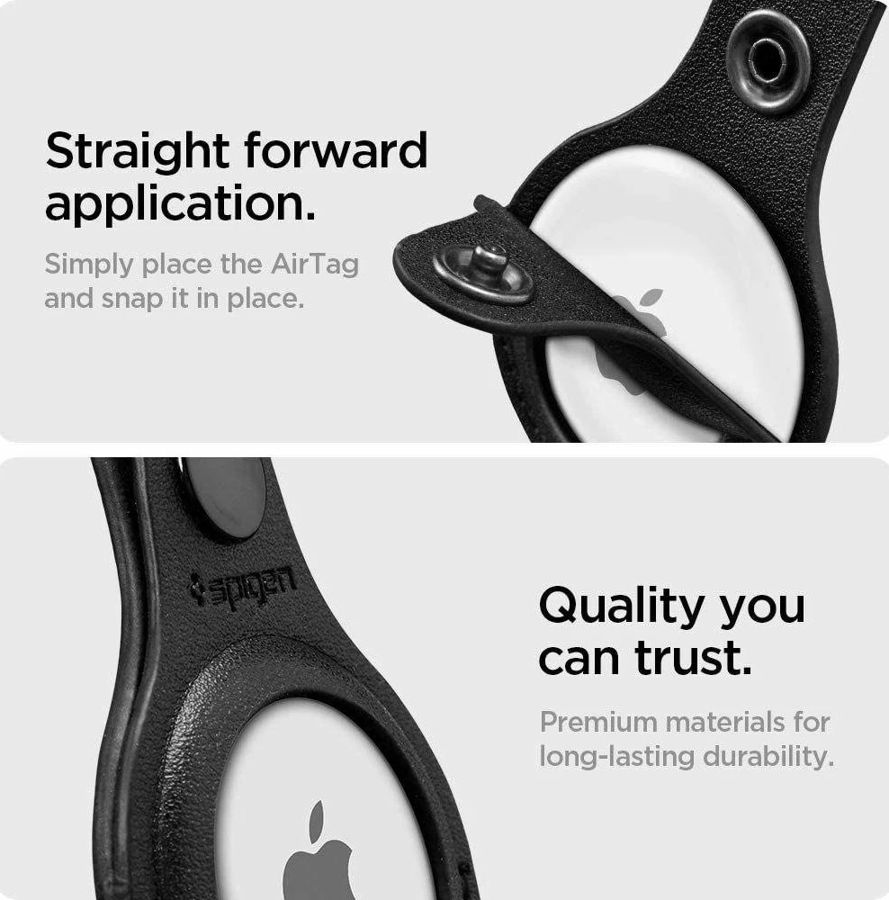 Mbështjellës me zinxhir për Apple AirTag Spigen Valentinus, lëkurë me karabinë çelik, zi, 1 copë