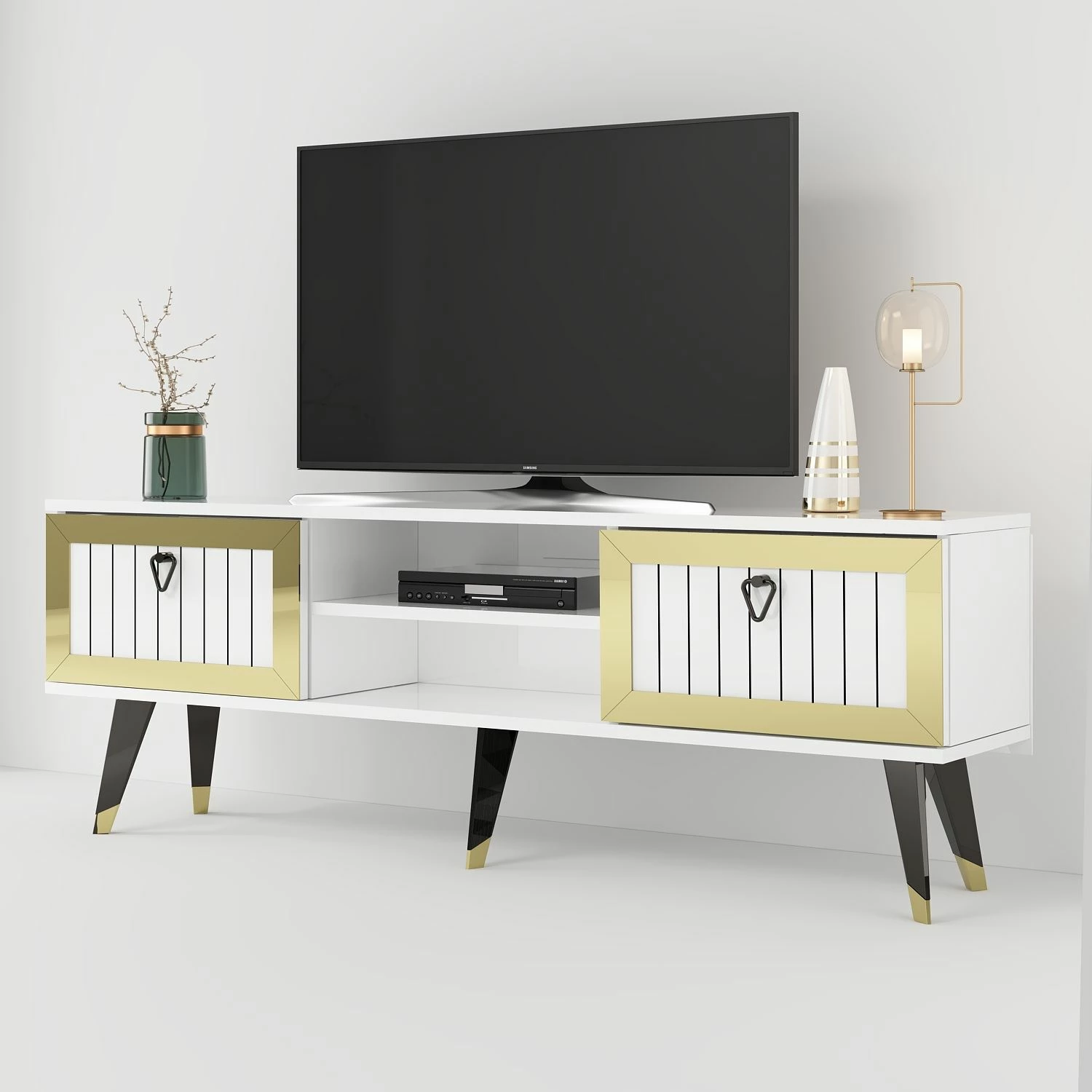 Komodë për TV Skye Decor, Lidya, e bardhë dhe ari