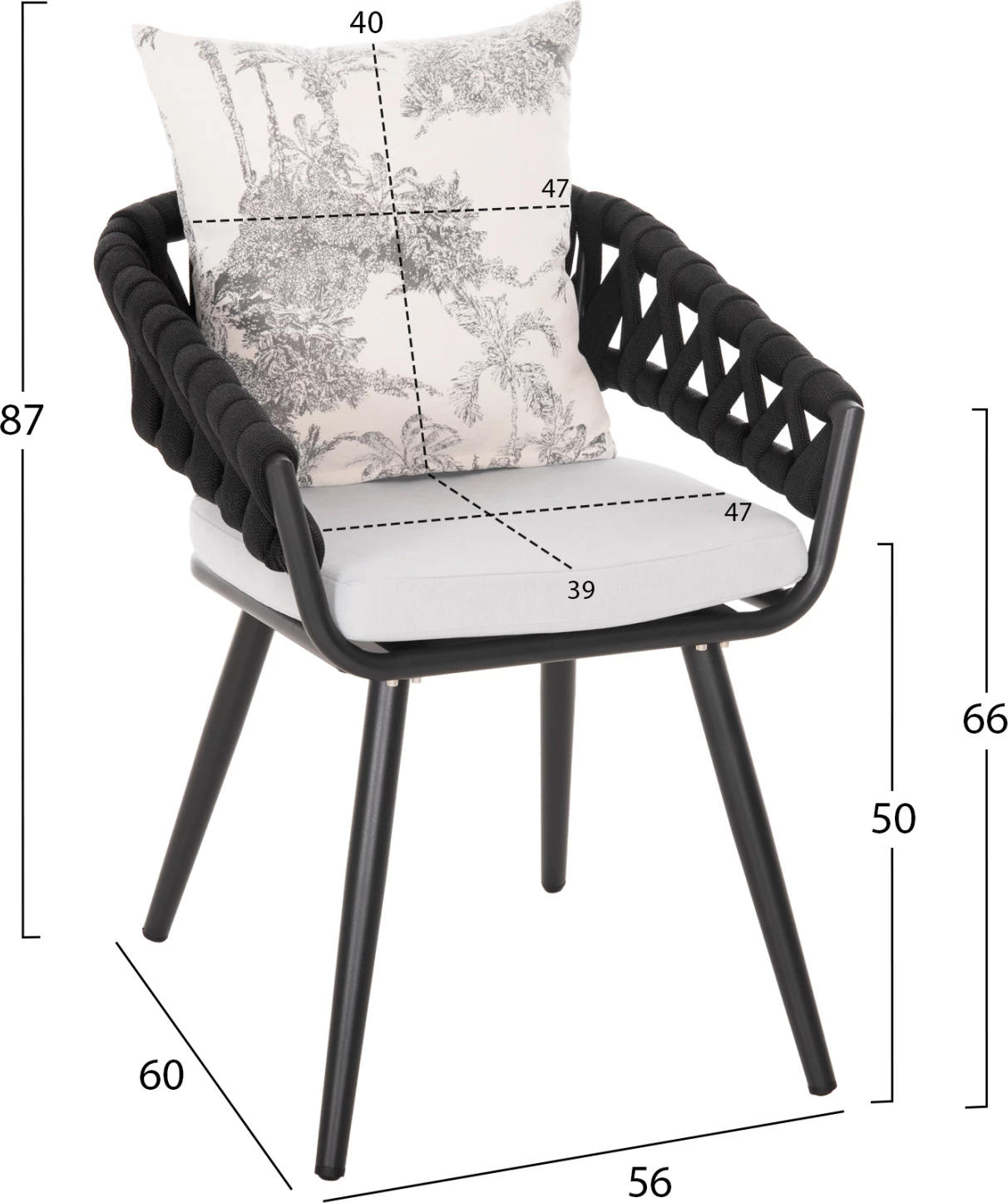 Karrige alumini CAMDEN FH6141.01 jastëk mbrapa ngjyrë ecru me dizajn print-antracit 56x60x72-87Hcm