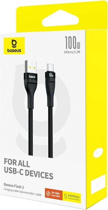 Kabllo Baseus Flash 2 USB A në USB C, 1 m, 100 W, E zezë