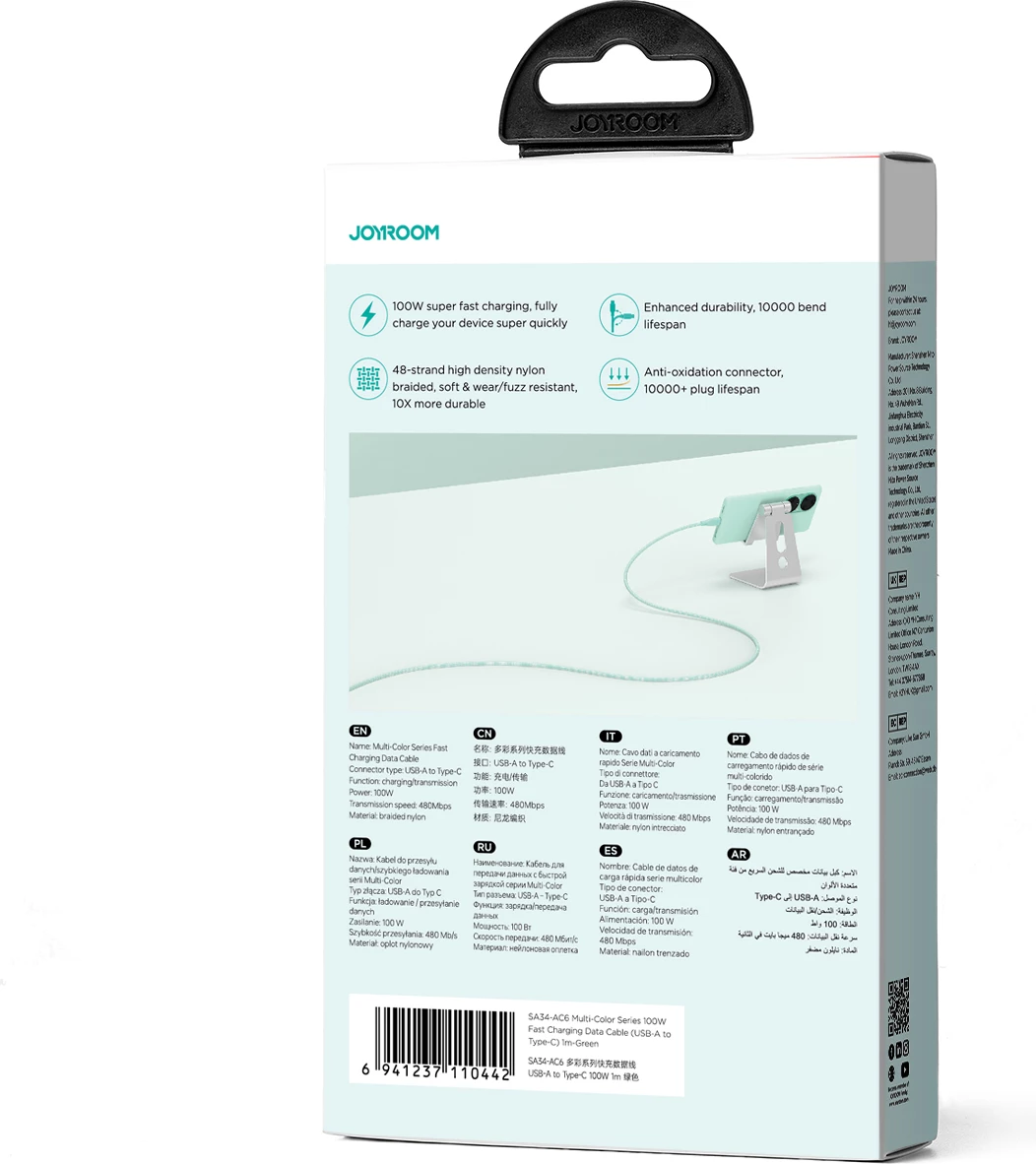 Kabllo Joyroom Multi-Color Series S-A34, USB-A në USB-C, 1m, 100W, Gjelbër